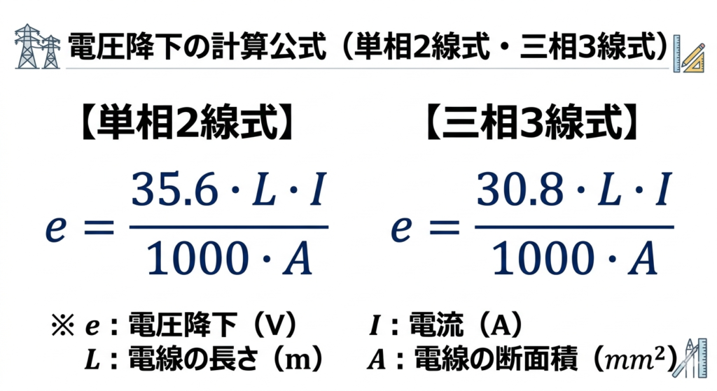 電圧降下の計算公式(単相2線式 e=35.6LI/1000A、三相3線式 e=30.8LI/1000A)