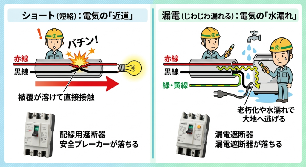 ショート(短絡)と漏電の仕組みの違いを解説した比較イラスト図解